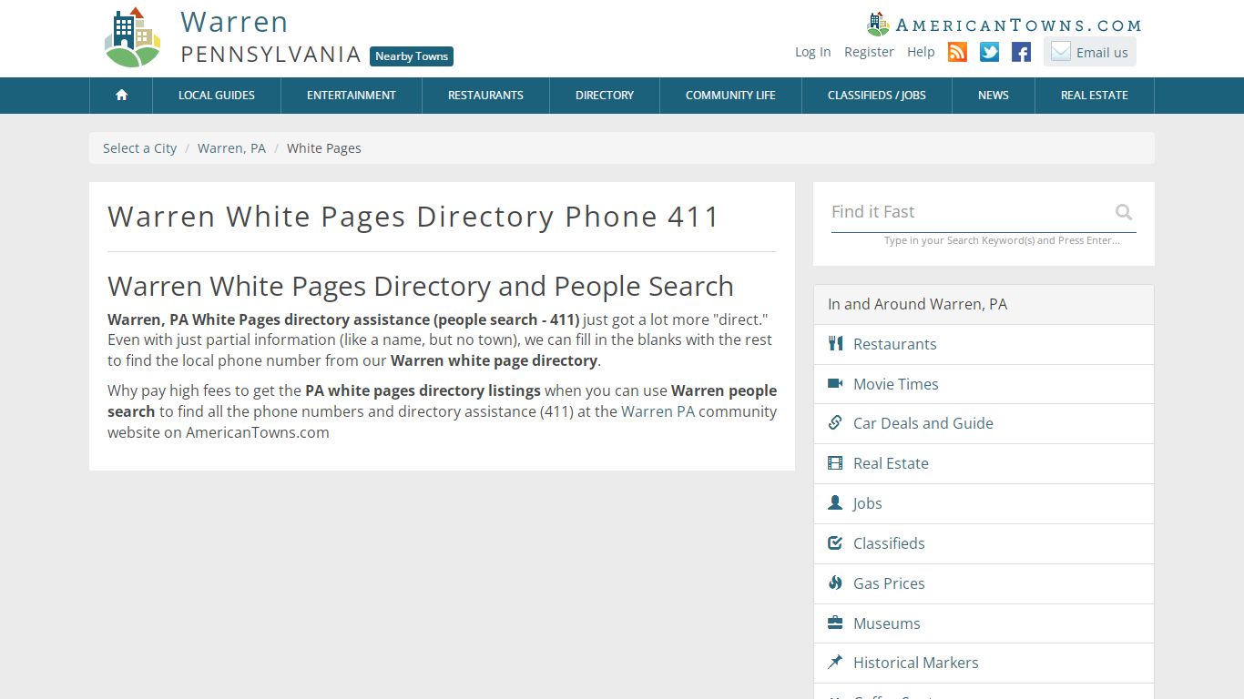 Warren PA White Pages, Phone Book, 411 People Search Directory