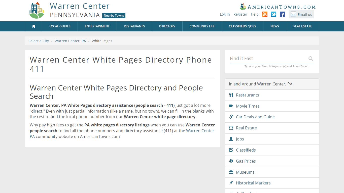 Warren Center PA White Pages, Phone Book, 411 People Search Directory